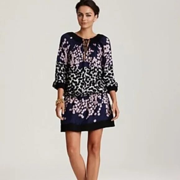 Diane Von Furstenberg Mikino Printed Chiffon Tunic Dress Black Polka Dot Sz 2 - Picture 1 of 9